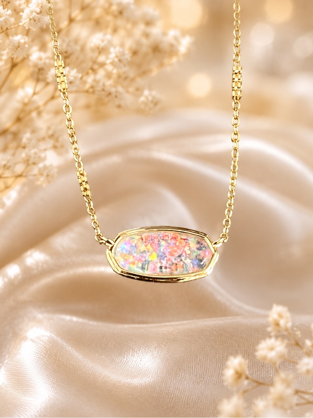 Kendra Scott Framed Gold Elisa Necklace WHITE IRIDESCENT GLITTER GLASS - Picture 5 of 7